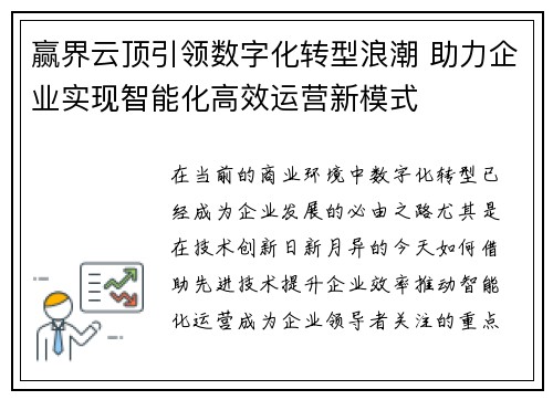 赢界云顶引领数字化转型浪潮 助力企业实现智能化高效运营新模式